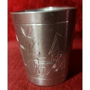 Selangor Pewter Miniature Mug Cup Shot Glass 2" Etched Hut & Oxen
